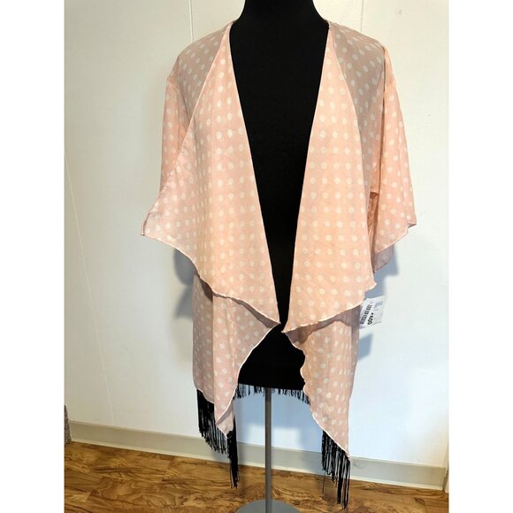 Lularoe Monroe Kimono Size S NWT Pink White Polka Dot Black Fringe Cover Up Disn - Picture 1 of 8